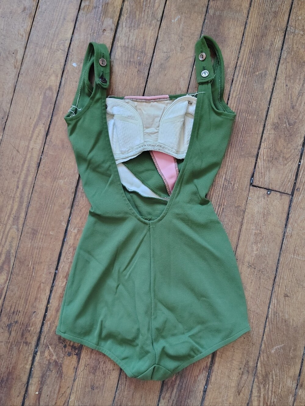 60s Vintage Robby Len One Piece Pinup Swimsuit Green With Pink Stripes XS Small - Picture 2 of 7